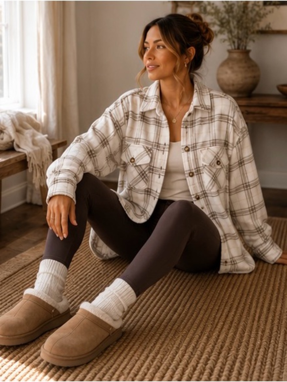 Thread & Supply Cream and Taupe Plaid Utility Shacket